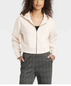 A New Day kurz geschnittene Scuba-Strickjacke mit durchgehendem Reißverschluss für Damen cremefarben M Einzelhandel 28 $ - Bild 1 von 8