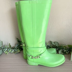 COACH Lori Tall Rain Boots Lime Green Neon Size 10 Womens Rubber Vibrant - Picture 1 of 10