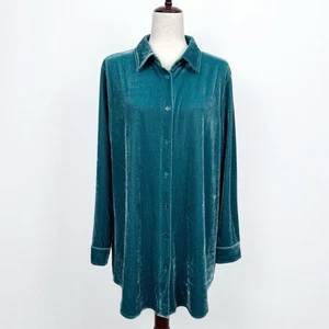 Soft Surroundings Top Womens L Teal Velvet Jewel Tone Button Up Holiday Comfort - Picture 1 of 12