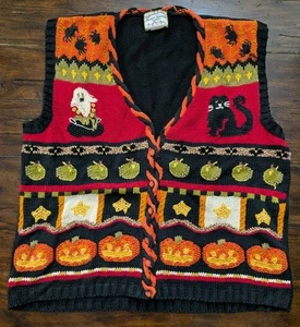Erbstück Sammlerstücke Halloween Weste Damen 18/20 Strick Pullover Weste Kürbis Katze - Bild 1 von 10