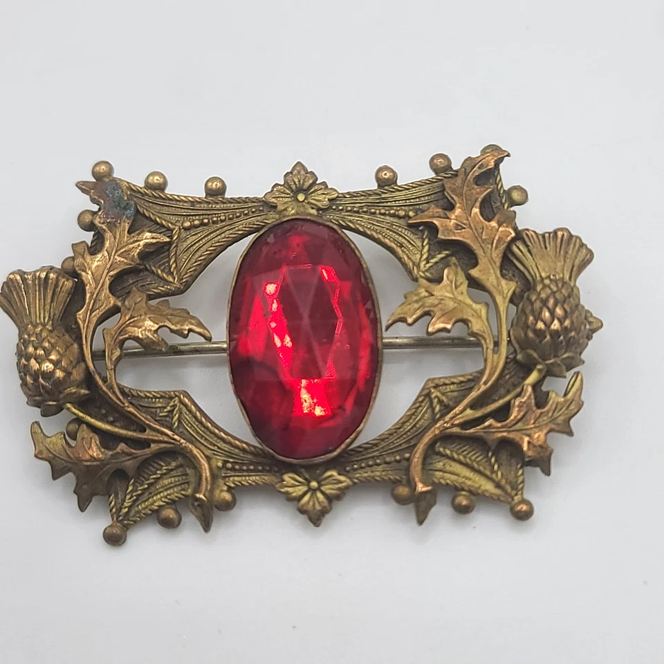 Vintage Sash Pin Brooch Art Nouveau Red Pineapples Gold Tone - Image 1 of 4