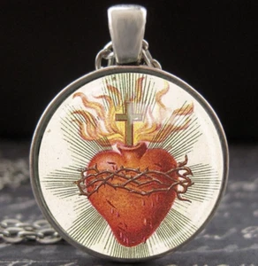 Sacred Heart of Jesus Necklace Vintage Art Glass Charm Christian Men's Jewelry - Picture 1 of 3