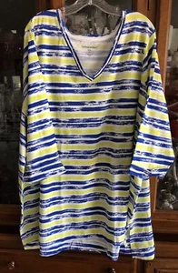 Woman Within 3X 30/32W Plus Top V-Neck 3/4 Sleeves Floral Blues Multi Cotton NEW - Picture 1 of 16