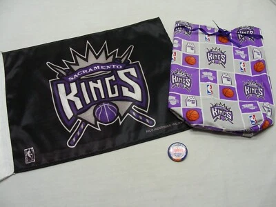 LOT OF THREE SACRAMENTO KINGS NBA ITEMS - Small Flag, Wine Gift Bag, and Button! - Image 1 of 4
