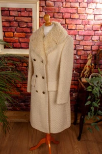 Vintage orig 70er Winter Mantel Wolle creme + Fell elegant Rockabella S M - Bild 1 von 6