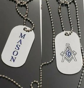 Mason Silver Double-Sided Dog Tag W/Chain Necklace - Masonic SILVER Tone Tags - Picture 1 of 5