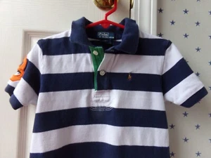 FLAW RUGBY RALPH LAUREN Blue White Striped POLO Shirt 5 Boys $55 VTG Pique - Picture 1 of 19