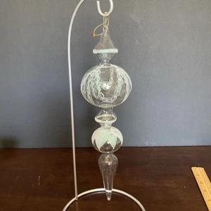 Vintage Glass Finial Ornament W/White Glitter Decoration Hand Blown 10-1/2 In - Picture 1 of 5