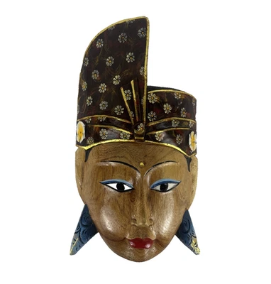 Máscara de madera Indonesia arte popular pintada cara de mujer colgante de pared Foto 1 de 4