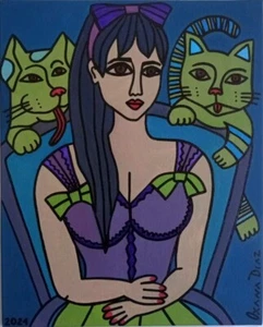 Picasso Woman Cat Dog Original Oil Painting Contemporary Art Oxana Diaz 8" x 10" - Picture 1 of 11