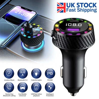 Bluetooth 5.3 Wireless Car FM Transmitter MP3 USB Charger Car Cigarette Lighter - Image 1 of 4