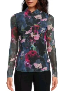 Ted Baker Kalyann Floral Print Mesh Knit Mock Neck Long Sleeve Top Size 1 $125 - Picture 1 of 14