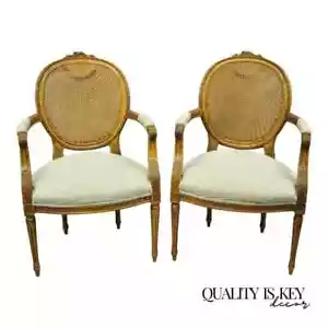 Vintage French Country Louis XVI Style Oval Cane Back Walnut Arm Chairs - a Pair - Picture 1 of 12