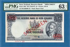 New Zealand, 5 Pounds, 1940-67, 000000 Specimen, UNC-PMG63, P160s - Picture 1 of 2