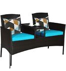 Tangkula Outdoor Rattan Loveseat, Patio Conversation Set with Cushions & Table