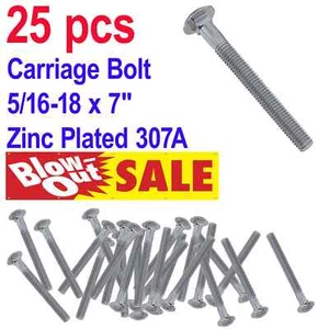 Carriage Bolt 5/16-18 x 7"  Zinc Plated 307A - Carriage Head Bolt - 25 PCS - Picture 1 of 2