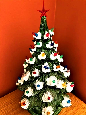 Byron Mold Flocked Ceramic Christmas Tree 2 Pc 17.5" Tall ~ Bird + Bulb Lights - Image 1 of 4