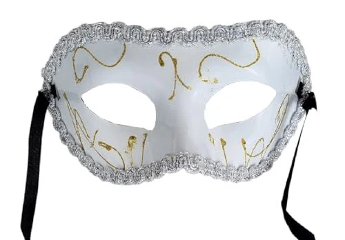 Maschera veneziana con ornamenti dorati e finiture in pizzo argento L.94576 - Immagine 1 di 1