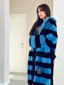 MINK FUR genuine REAL COAT Jacket long  BLUE BLACK color SIZE L women 1109648 - Picture 1 of 24