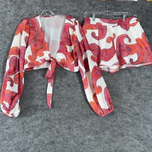 Rosevelvet Two Piece Short Set Womens L Floral Tie Front Crop Top High Waist - Picture 1 of 17