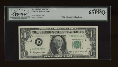 DBR 1963-B $1 FRN New York Barr Gem Fr. 1902-B Legacy 65 PPQ Serial B82888354G - Image 1 of 2