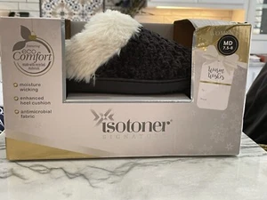 Women's Isotoner Eco Comfort Slippers Sz 7.5-8 Gray With White Fluff - Picture 1 of 6