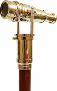 Antique Solid Brass Spyglass Telescope Design Handle Wooden Walking Stick - Picture 1 of 4
