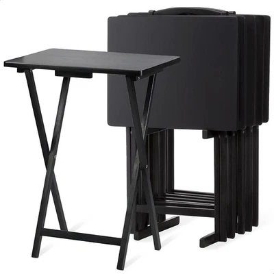  Juego de mesa de comedor plegable de madera con bandeja de TV de 5 piezas de madera con estante de almacenamiento compacto Foto 1 de 4