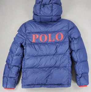 Polo Ralph Lauren Jungen gefütterte Jacke blau Kapuze Logo durchgehender Reißverschluss Gr. M (10-12) Flagge - Bild 1 von 10