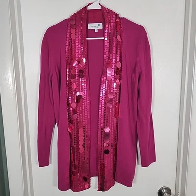 Cárdigan de lentejuelas frente abierto para mujer XS rosa fucsia púrpura Completely Me Liz Lange Foto 1 de 4
