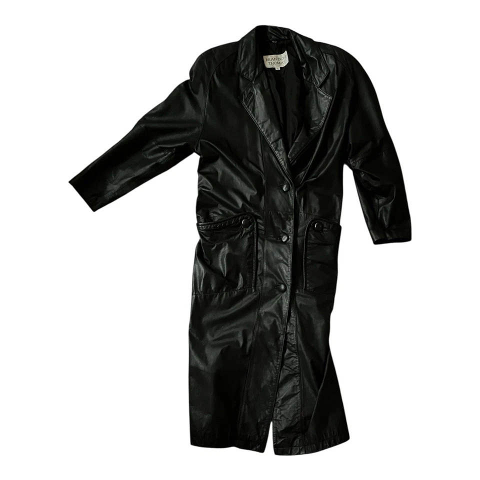 Gabardina vintage de cuero negro con botones para mujer - talla pequeña Foto 1 de 3