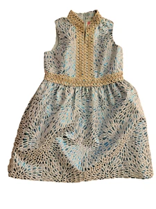 Lilly Pulitzer Mini Franci Jacquard Dress Size 14 Bermuda Blue Lagoon Gold Girls - Picture 1 of 5