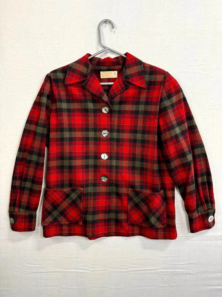 Chaqueta Pendleton Mujer 16 Rojo Verde Lana a Cuadros Plisada Manga Larga Botón Delantero Foto 1 de 4