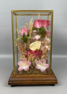 De Colección Rosa Seda Rosas Flores Amarillas Mariposa Vidrio Decorativo Latón Caja Expositor Foto 1 de 4