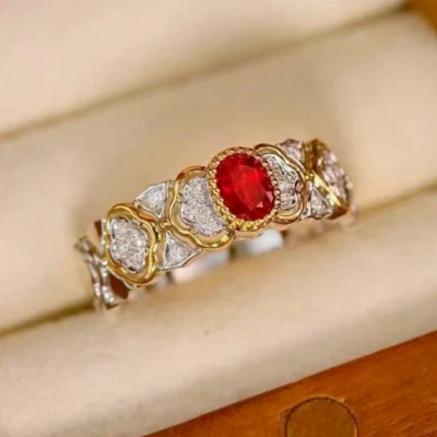Vintage Milgrain Lab Created Ruby Natural Diamond Lady Ring Gift 14K 2-Tone Gold - Image 1 of 4
