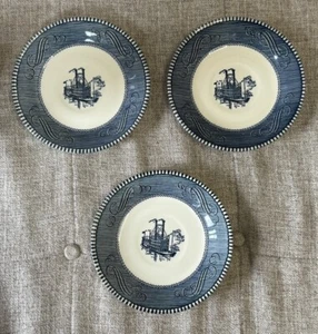 Vintage Blue White Steamboat Saucers Bread Butter Plates Currier & Ives Set of 3 - Imagen 1 de 2