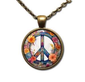 Boho Floral Peace Symbol - Handmade ROUND Glass Pendant Necklace - Picture 1 of 10