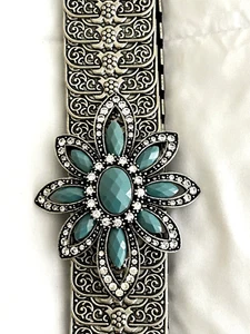 Vtg Navajo Southwest Belt Silver Tone Faux Turqoise Rhinestones Concho Stretch - Picture 1 of 7