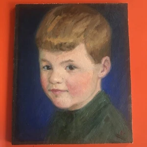 Vintage Antique Retro 50s Oil Painting Portrait Child Boy Signed Wood Unframed  - Picture 1 of 13