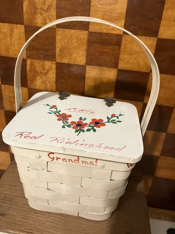 OFAK Vintage Little Red Riding Hood Child Metal Picnic Basket Purse Hand Painted Cover