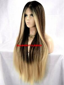 360 Free Part Human Hair Blend Lace Front Wig Long Balayage Ombre Brown Blonde 