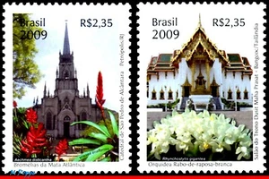3074-75 BRAZIL 2009 THAILAND DIPLOMATIC RELATIONS, FLOWERS, CHURCHES, SET MNH - Picture 1 of 2