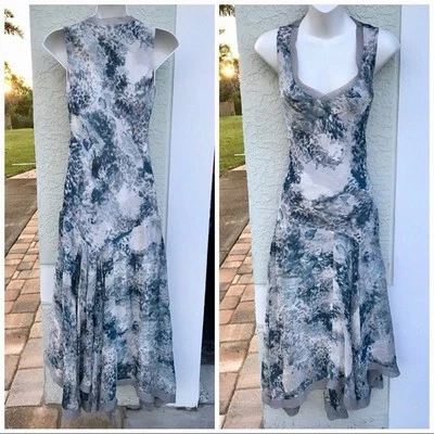 Marciano By Guess Waterfall Printed Satin Dress Silk Size Small (S) Blue Layered - Image 1 of 4