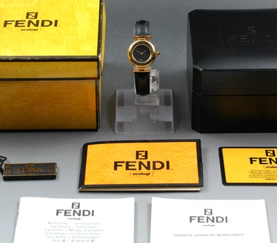 [N MINT /Box, Papers] Vintage FENDI 320L 23mm Black Dial Gold Qz Women's Watch - image 1 of 4