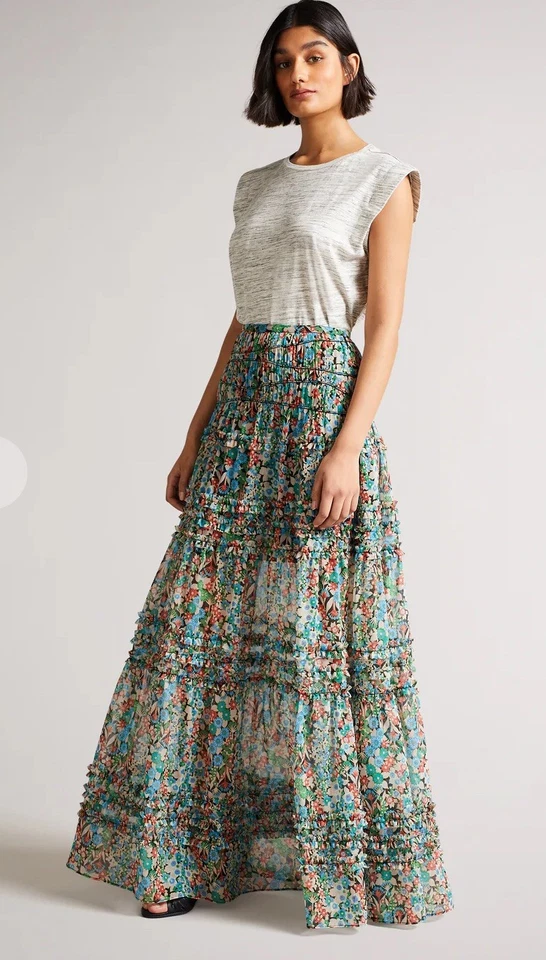 Ted Baker Women's Maxi Skirt Women Floral Chiffon Lined Tiered Long Size 2/UK 10 - Image 1 of 4