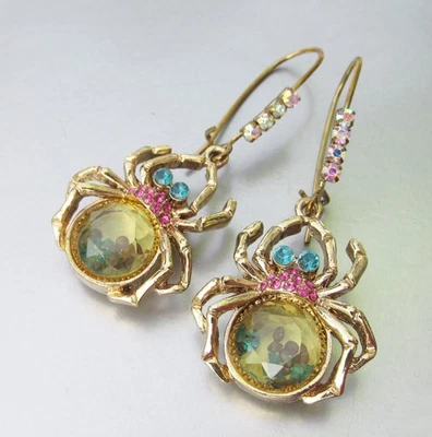 RARE Retired Betsey Johnson SPIDER LUXE Dangle Rhinestone Crystal Earrings - image 1 of 4