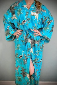 Indian Handmade Blue Jungle Printed Cotton Kimono Robe One Size Women Robe - Picture 1 of 4