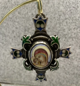 RUSSIAN IMPERIAL PANAGIA GILT SILVER MARY W/JESUS BABY ICON HALLMARKS ENAMEL - Picture 1 of 7