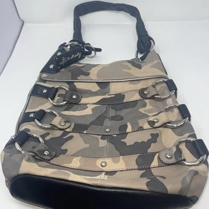 B Makowsky Womens Brown Green Camouflage Leather Studded Shoulder Bag Camo MINT - Picture 1 of 14