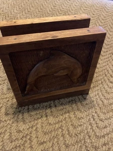 Hand Carved Wooden DOLPHIN NAPKIN HOLDER 6” Long by 6” Tall Homemade - Picture 1 of 9
